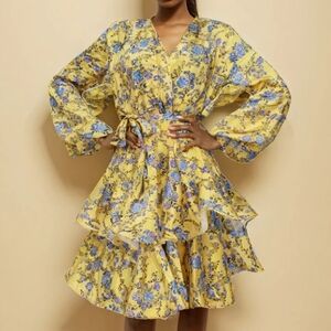 N By Nancy Yellow Floral Ruffle Layed Midi Dress NWT